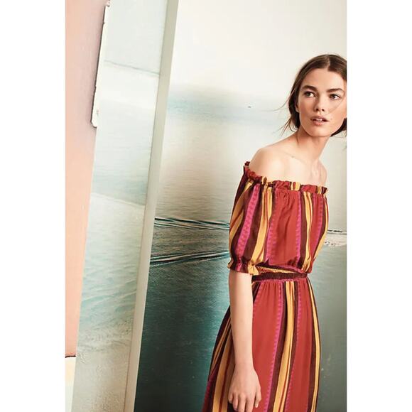 Anthropologie Anupamma Silk Maxi Dress Striped Off Shoulder Red Resortwear XS - Picture 2 of 9
